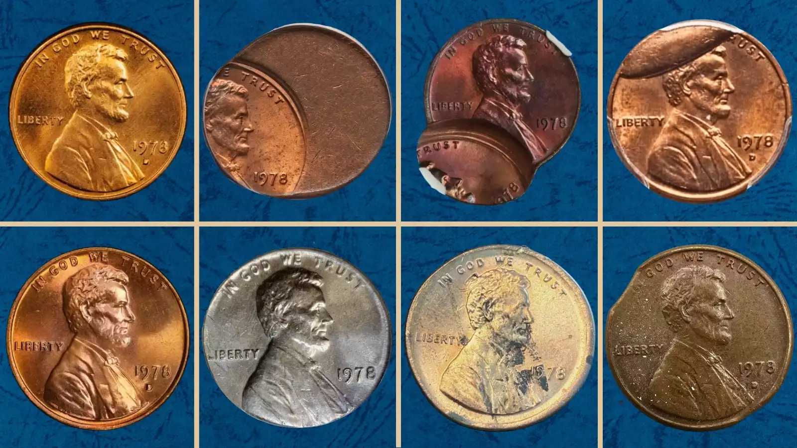 1978 penny grading strip showing four condition tiers from worn circulated to gem uncirculated MS66 red