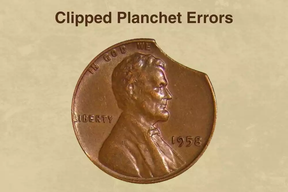 1978 penny clipped planchet error showing curved clip where a section of the coin edge is missing