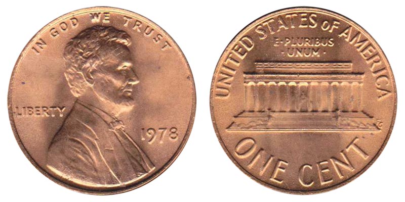 Group of 1978 Lincoln Memorial pennies showing range of conditions from circulated to gem uncirculated